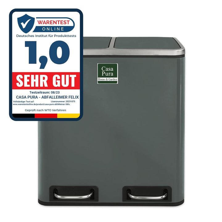 casa pura Mülleimer mit 2 Fächern - 2 x 15 Liter, herausnehmbare Inneneimer mit Henkel, Deckel mit S