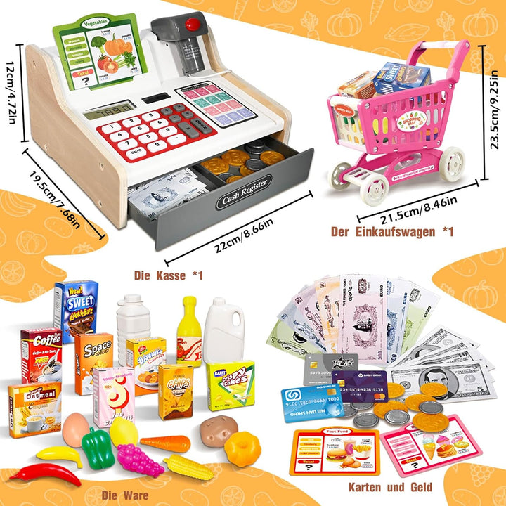 Kasse Kinder Holz mit Scanner und Sound, Spielkasse Kinder Set für Jungen Mädchen ab 3-6 Jahren, Ele