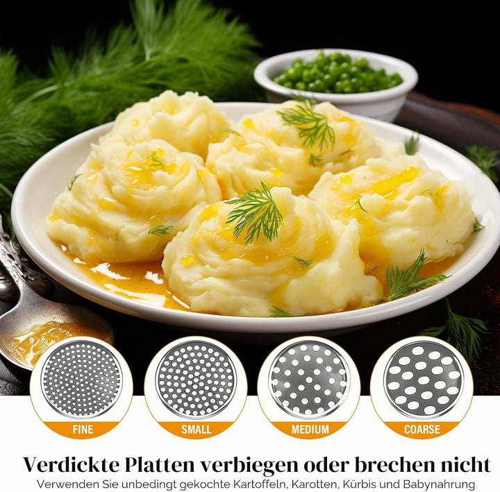 Kartoffelpresse Edelstahl mit 4 Scheiben & Schäler Set – Robuste Kartoffelquetsche für Kartoffelpüre