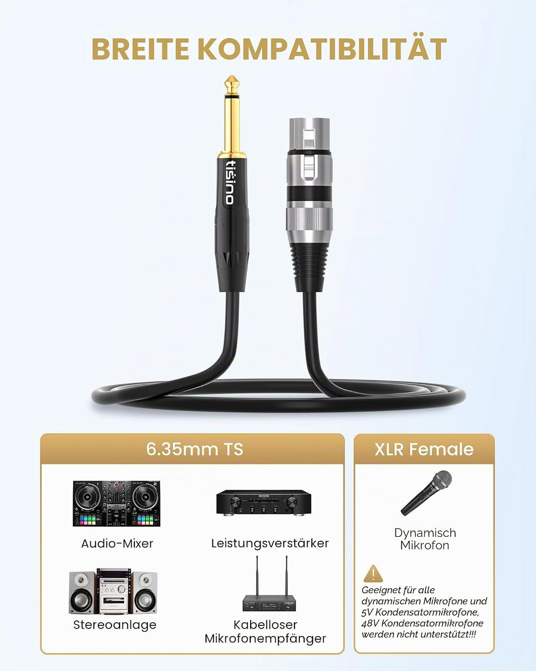 Tisino Female XLR auf 6,35 mm TS Mono Jack Unsymmetrisches Mikrofonkabel Mikrofonkabel für dynamisch