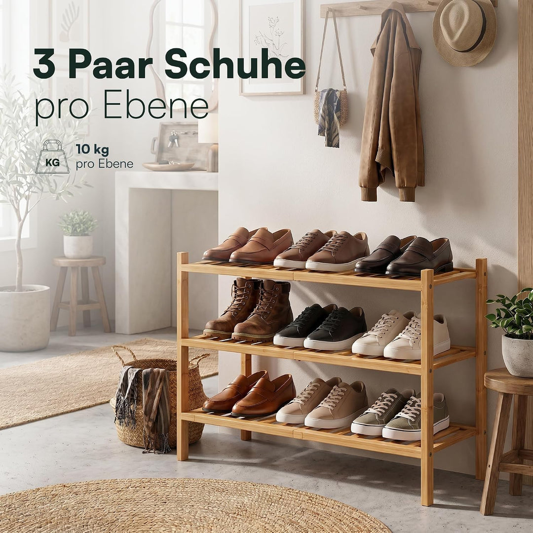 Schuhregal aus Bambus, Schuhablage mit 3 Ebenen, 68 x 28 x 46 cm, Erweiterbar Stapelbar, Schuhschran