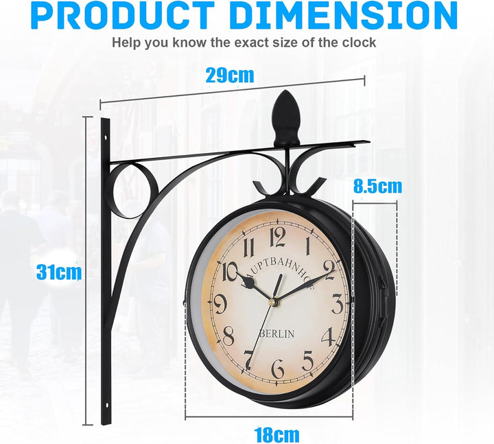 Samger Samger Doppelseitige Uhr Garten Zug Bahnhof Wanduhr mit Halterung (Schwarz)