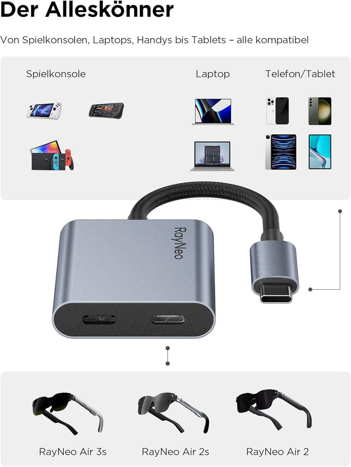 RayNeo USB-C Ladeadapter zu AR Brille, Laden & Spielen, Kompatibel mit PS4/5, Xbox, Mac mini, Laptop