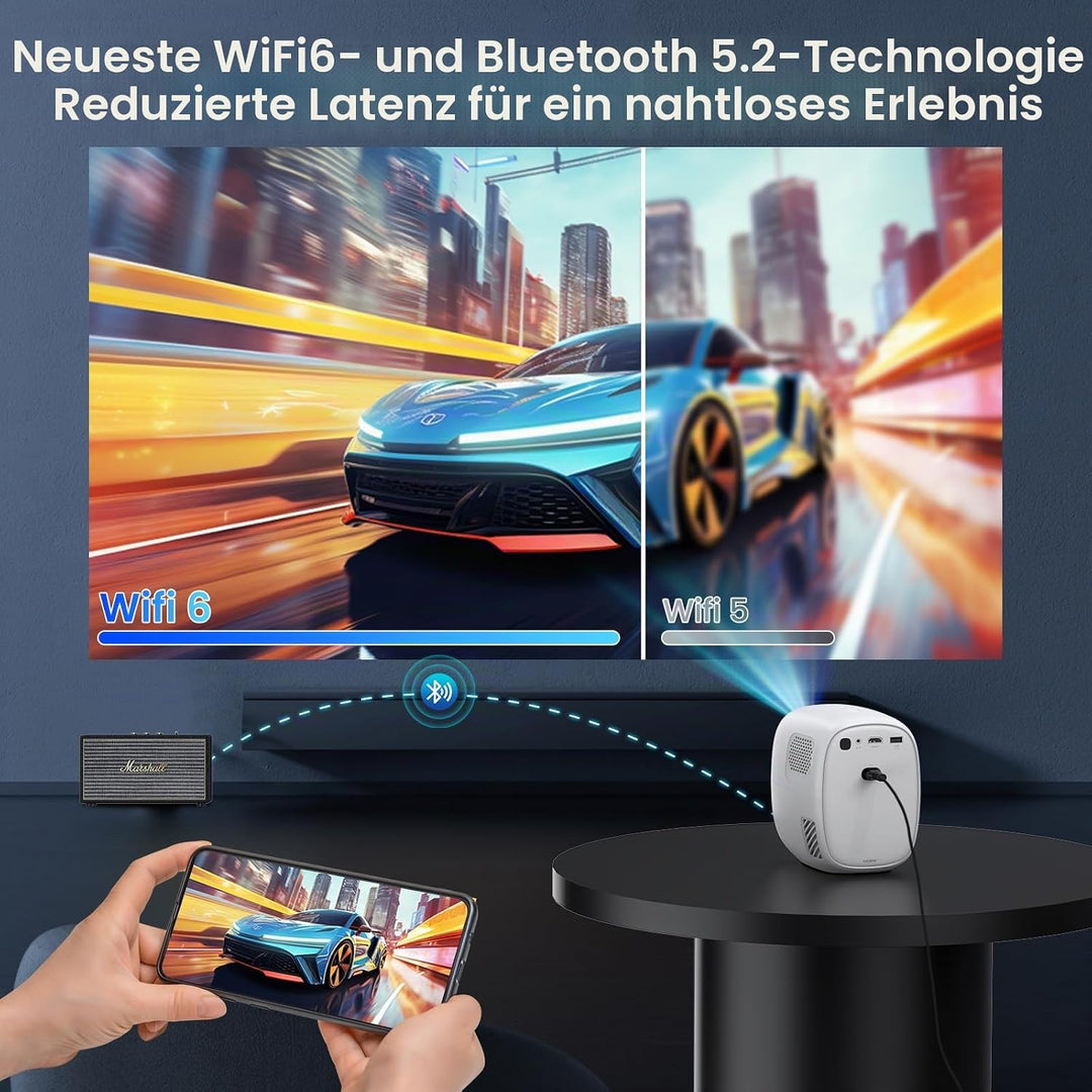 Lower Noise 4K-Beamer mit WLAN und BT5.2,EIN-klick-Zugriff Apps 3D-Audio | Automatischer Bildkorrekt
