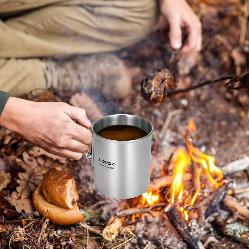 Lixada Camping Topf Edelstahl Titan Tasse Becher 750ml mit Faltbaren Griffe und Deckel Outdoor Kocht