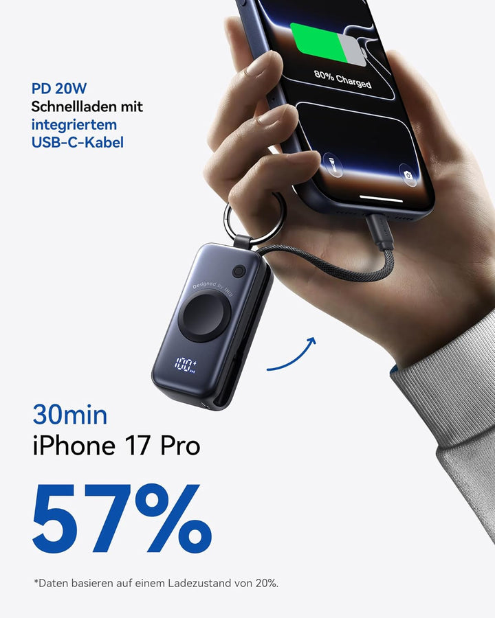 INIU Power Bank, 5000mAh 20W PD mini Powerbank mit Integriertes USB-C Kabel, Zubehör für Apple Watch
