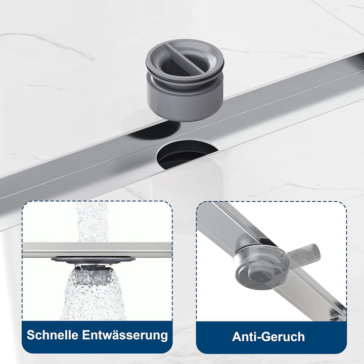 Neodrain Duschrinne 90cm Edelstahl Doppelseitige Bodenablauf - 360° Siphon Ablaufrinne Extra Flach m