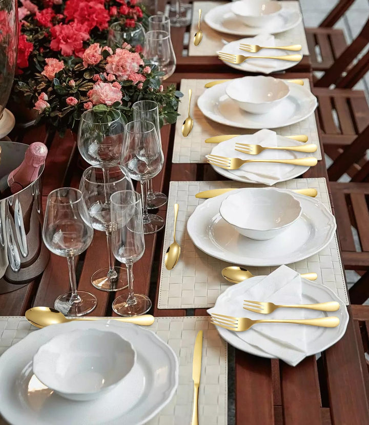 Besteck Set 12 Personen, 60 teilig Goldenes Edelstahl Bestecksets, Elegantes Essbesteck, Hochglanzpo
