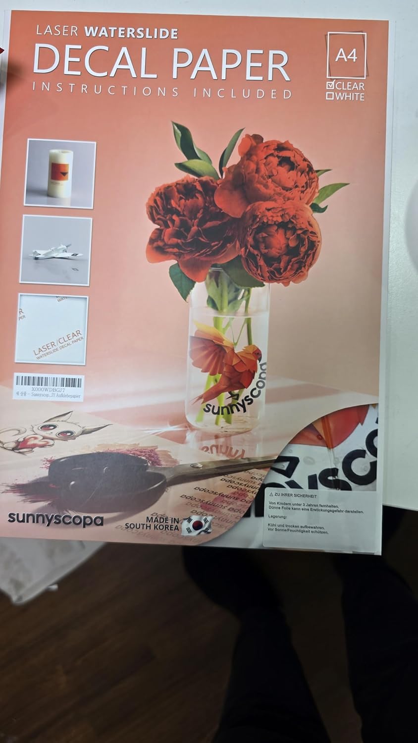 Sunnyscopa Wasserschiebefolie für Laserdrucker - Transparent, A4, 20 Blätter - Personalisierte Trans