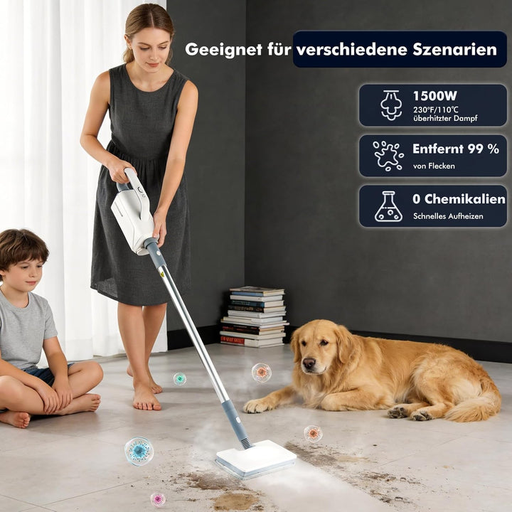 10-in-1 Dampfreiniger, 1500W Steam Mop mit abnehmbarem Handgerät, 350-ml Wassertank, 10-Sekunden Auf