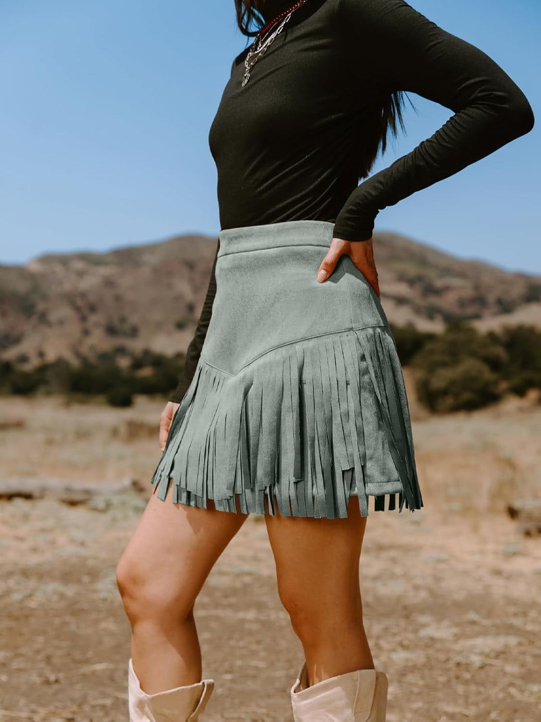 CUPSHE Damen Rock Herbst Winter Fransen Wildleder Rock, High Waist Western Outfit Minirock Mini Skir