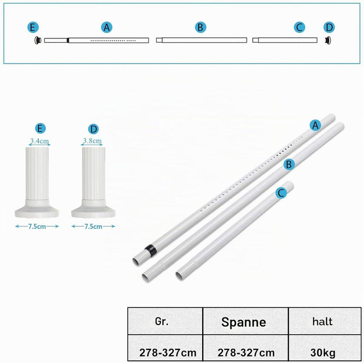 278-327cm Extra Lange Gardinenstange, Ohne Bohren Teleskopstange , Ausziehbare Edelstahl Duschvor