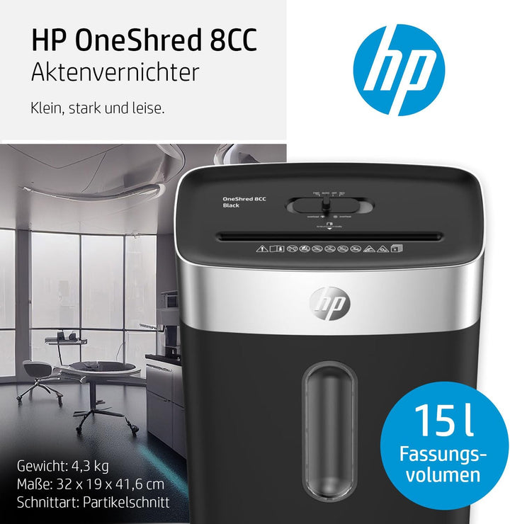 HP OneShred 8CC Black, Aktenvernichter, Sicherheitsstufe P-4, Cross Cut, 8 Blatt, 2826, schwarz/Silb