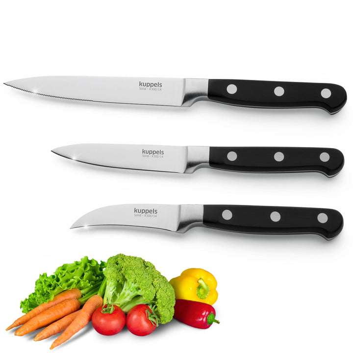 Kuppels SOLID Küchenmesser Set 3-teilig, Tomatenmesser mit Wellenschliff, Spickmesser & Schälmesser