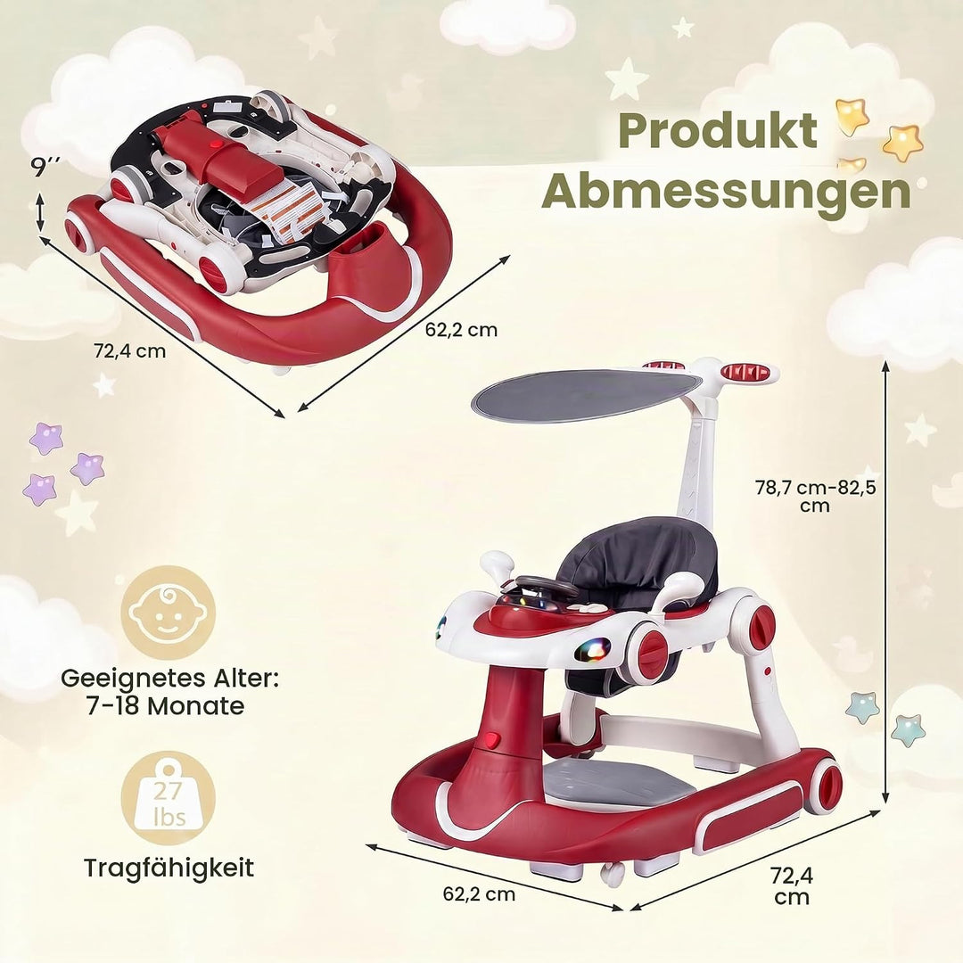 LIFEZEAL Lauflernwagen mit Sonnenschirm, 6-in-1 Lauflernhilfe Gehhilfe Baby mit Licht, Musik, Spiele
