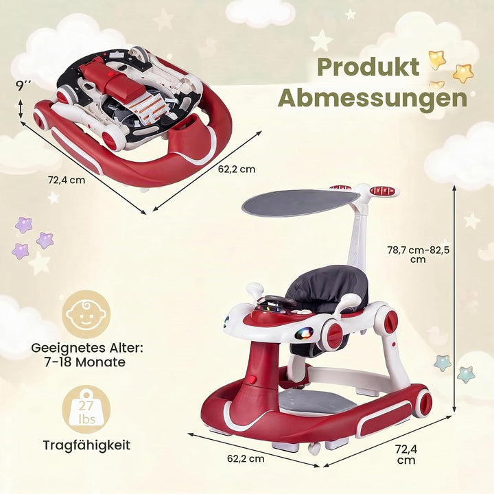 LIFEZEAL Lauflernwagen mit Sonnenschirm, 6-in-1 Lauflernhilfe Gehhilfe Baby mit Licht, Musik, Spiele