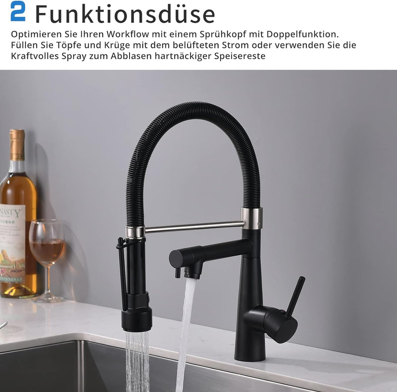 TIMACO Wasserhahn Küche Schwarz mit Schloss Brause Ausziehbar - 360° Schwenkbarz- Pull-Down-Spray -