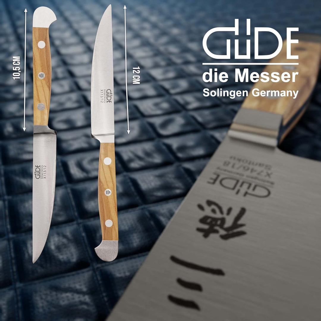 GÜDE Solingen - Steakmesser Glatt geschmiedet, 12 cm, Olivenholz, ALPHA OLIVE, Doppelkropf, Handmade