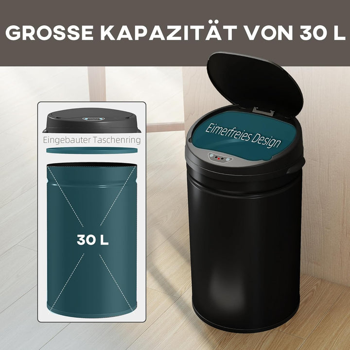 HOMCOM Mülleimer mit Sensor 30L Edelstahl Automatischer Leiser Mülleimer mit Soft-Close-Deckel, Bewe