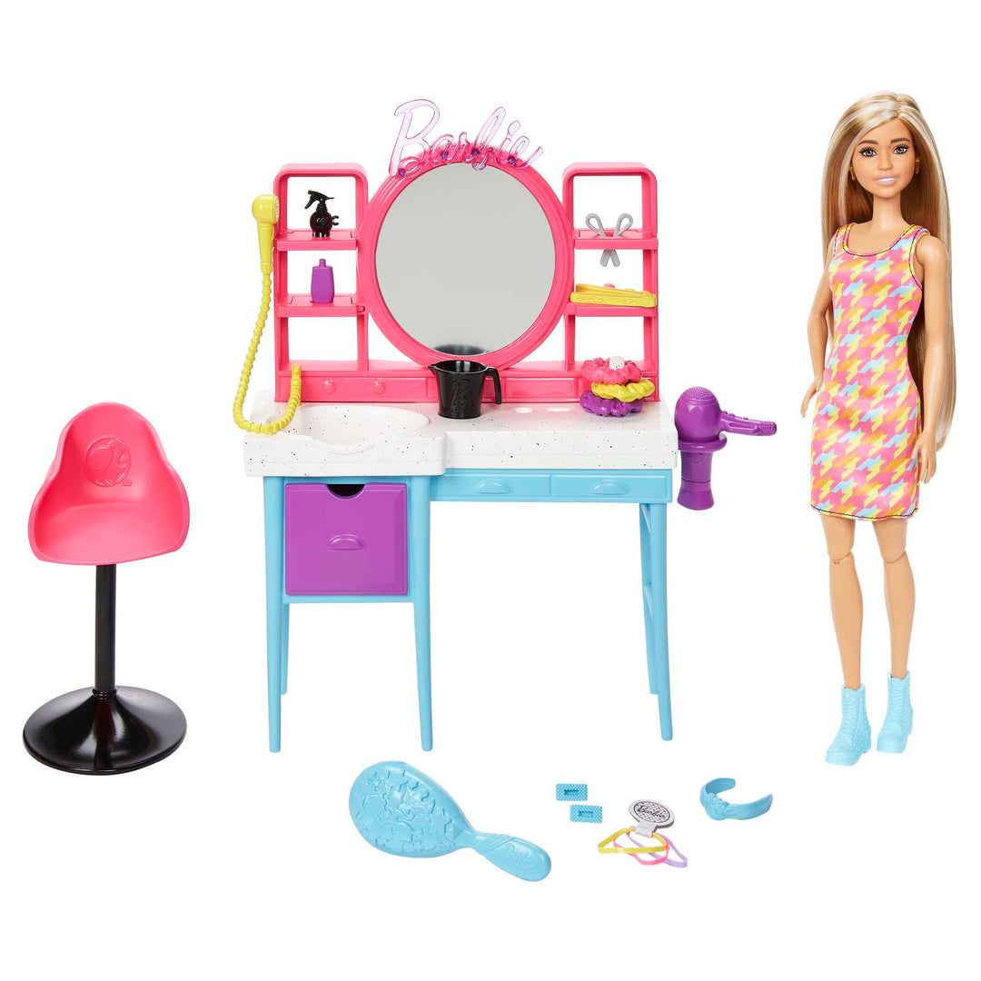 BARBIE Totally Hair Spielset - Puppe, Frisiertisch, 15+ Accessoires, Farbwechseleffekt, für Kinder a