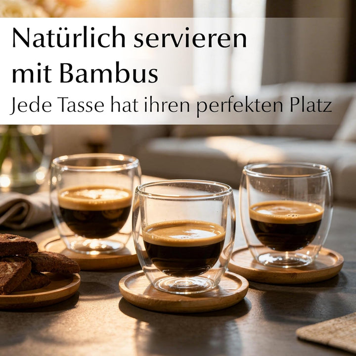 MIAMIO - Espressotassen 6er Set/doppelwandige Espresso Gläser/ohne Henkel/mit Untersetzer/Glas/dickw