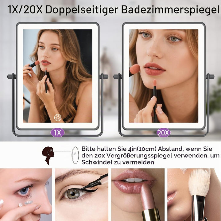 FASCINATE Wiederaufladbarer Kosmetikspiegel mit 1X/20X Vergrösserung, 3 dimmbare Lichtfarben, Touchs