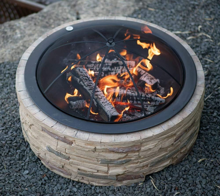 Westmann Feuerstelle Aluminium | Feuerschale mit Funkenschutzhaube | Garten Feuerkorb Steinoptik Bra