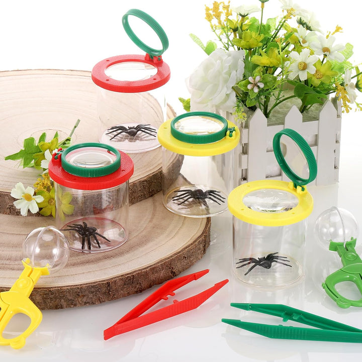 4 Stück Becherlupen für Kinder, Lupenglas Kinder Set, Lupenbecher mit 4 Stück Insektenfangwerkzeugen