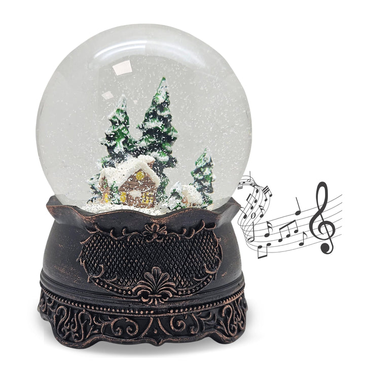 Schneekugel Weihnachten Spieluhr | Hüttenzauber Berghütte | Sockel Kupfer antik | Höhe: 140mm, Breit