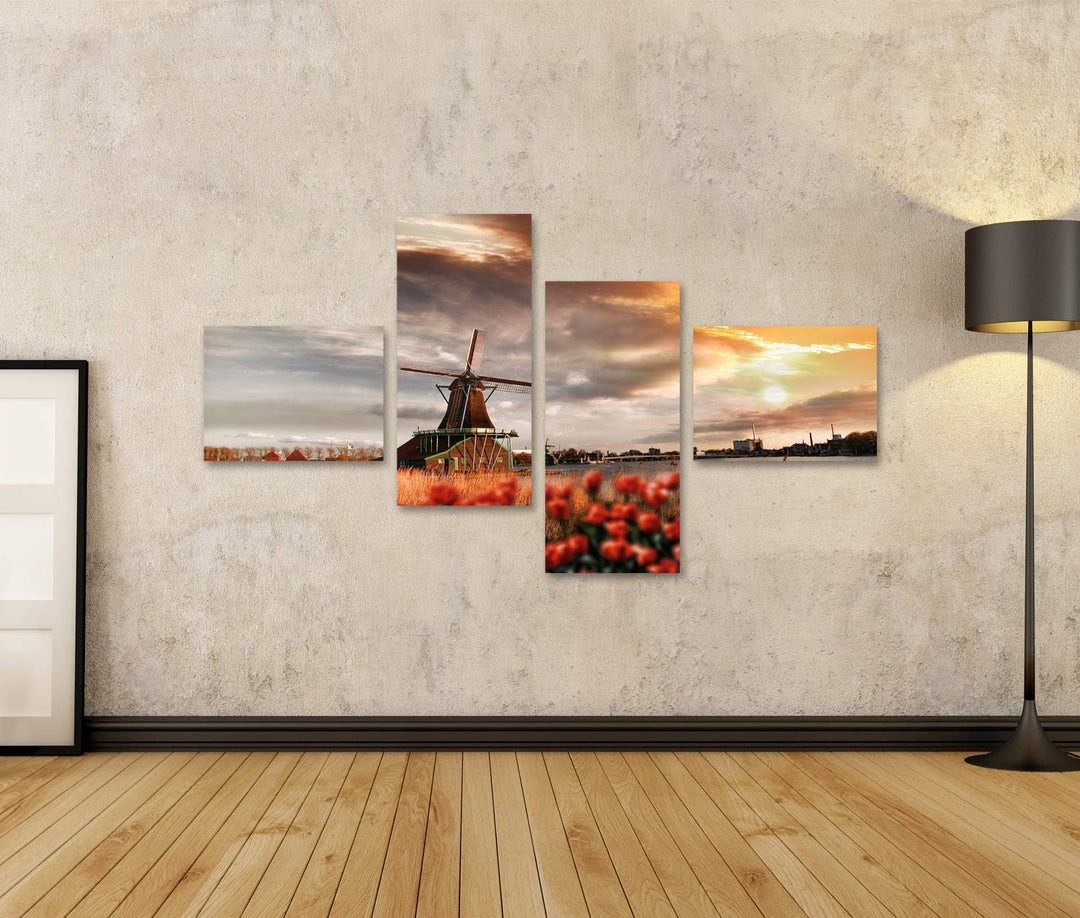 islandburner Bild auf Leinwand Traditionelle Holländische Windmühlen Mit Roten Tulpen In Zaanse Scha
