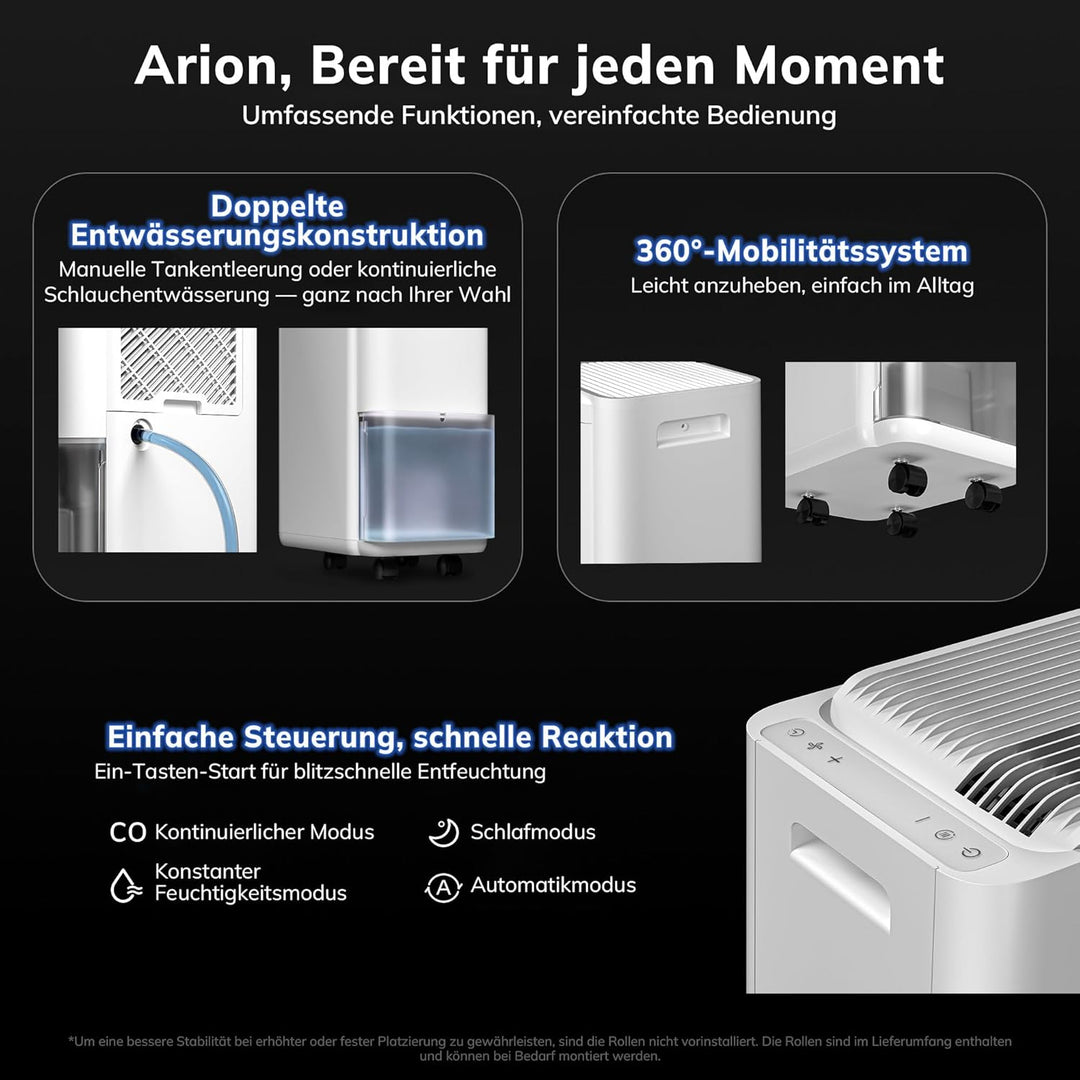 AEOCKY 25L/Tag Luftentfeuchter elektrisch, kompakt, Dauerablauf | Für Schlafzimmer, Badezimmer und K