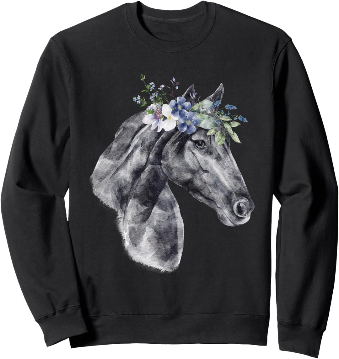Pferd Geschenke Blumen Aquarell Schwarz Sweatshirt