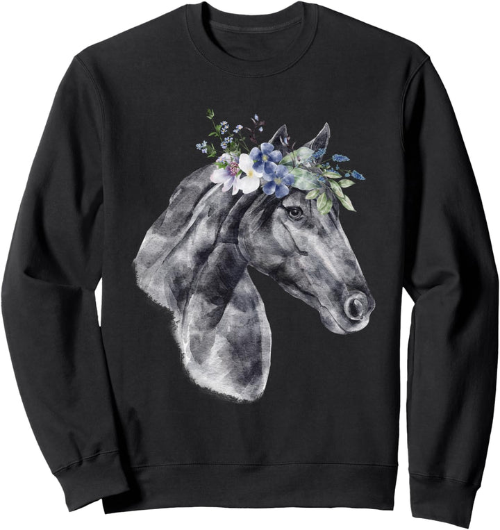 Pferd Geschenke Blumen Aquarell Schwarz Sweatshirt