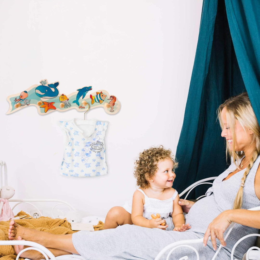 Dida - Meeres Tiere, Wandgarderobe für Kinder, Wandhaken aus Holz für das Kinderzimmer, Montessori-S