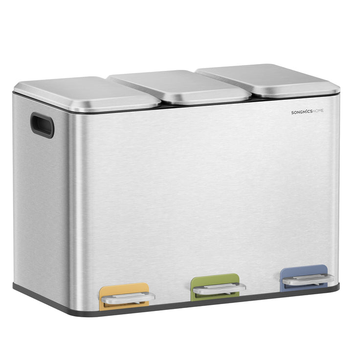 SONGMICS HOME Mülleimer Küche, 3 x 15 L Fächer, Abfalleimer mit farbcodierbaren Pedalen, Mülltrennsy