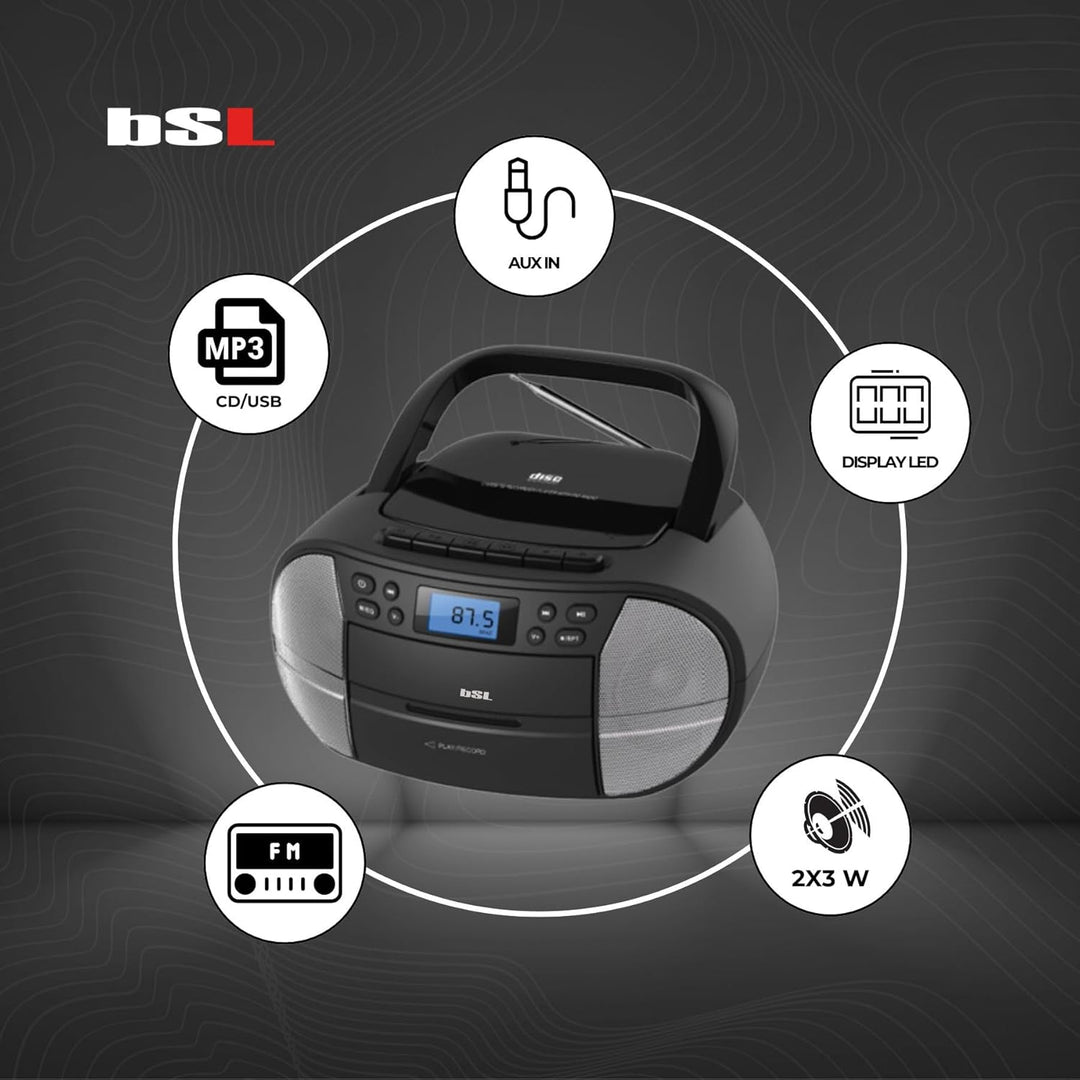 BSL Boombox Tragbares CD-Radio mit Kassette und Bluetooth JL2021A, mit 6 W RMS Leistung, UKW-Radio u