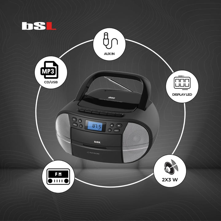 BSL Boombox Tragbares CD-Radio mit Kassette und Bluetooth JL2021A, mit 6 W RMS Leistung, UKW-Radio u
