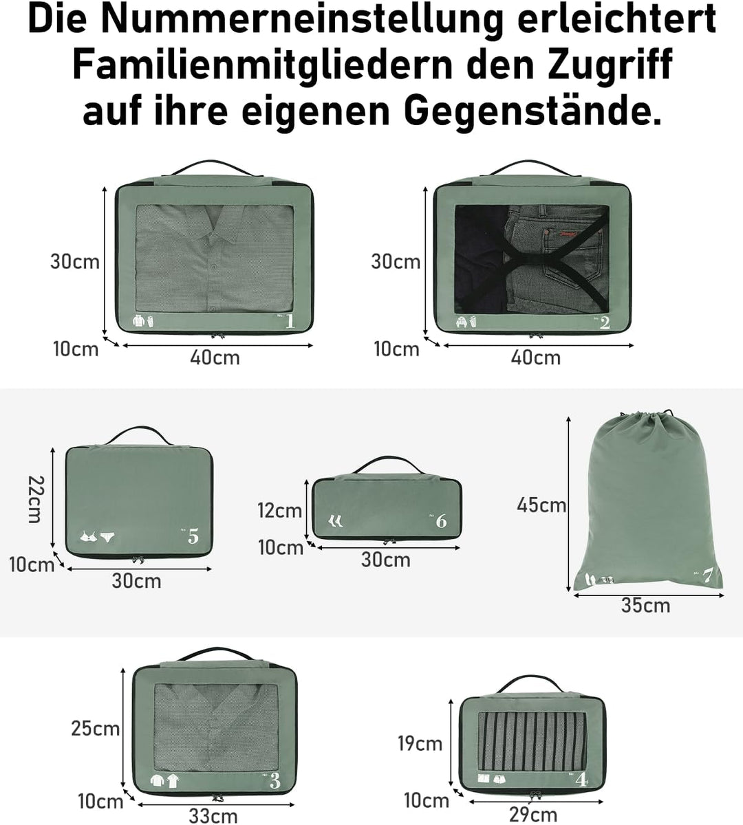 ECOHUB Packwürfel für Koffer, 7 Stück, Reise-Organizer, Packtaschen, recyceltes PET, umweltfreundlic