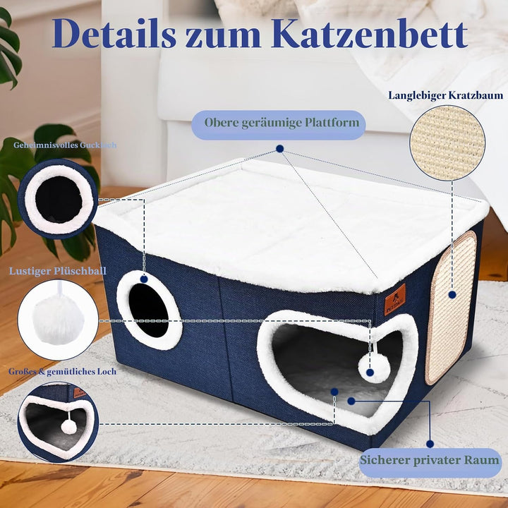 Extra Grosse Katzenhaus Indoor, 2-stöckige Kuschelhöhle mit Kratzbrett und Spielball, Katzenhöhle fü