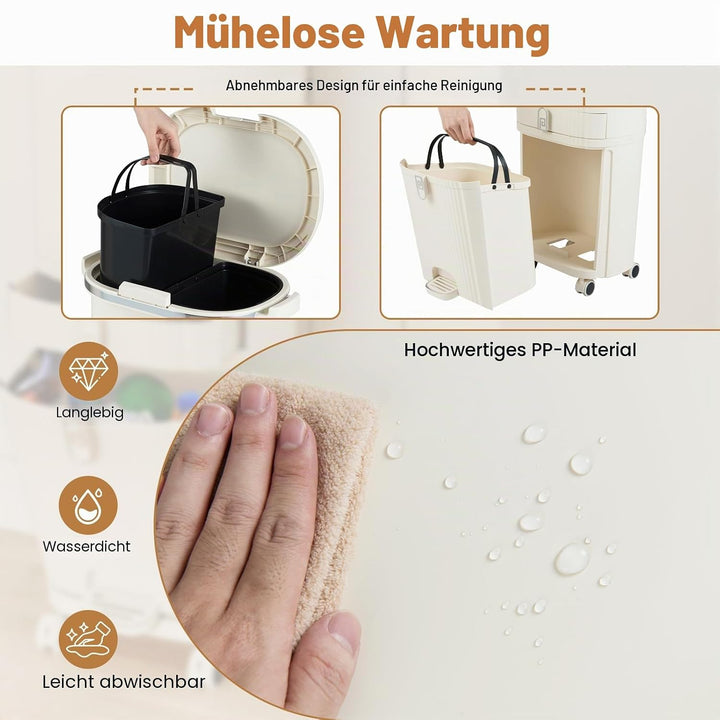 GIANTEX Mülleimer Küche 3 Fächer, 42 L, Abfalleimer mit Rollen, Tretmülleimer mit Schublade, Abfalle