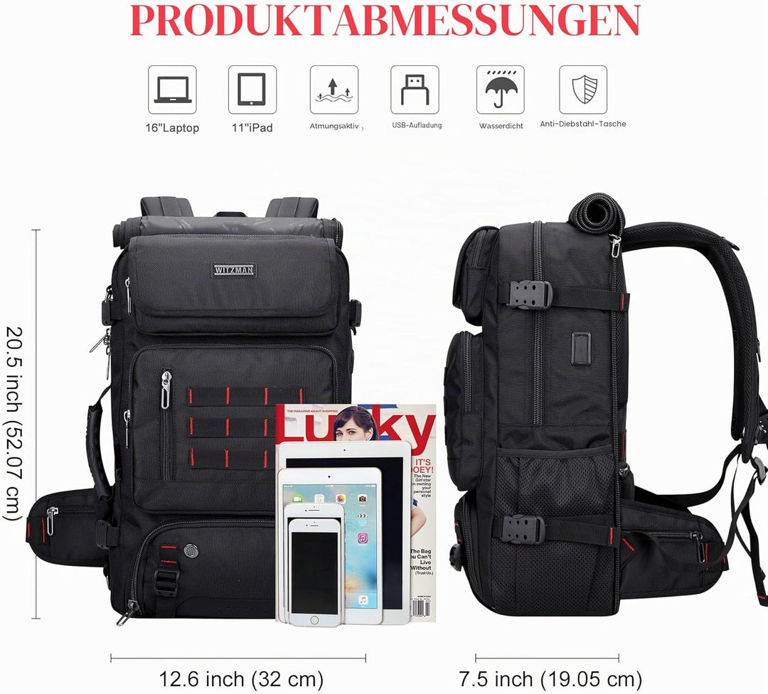 WITZMAN Reiserucksack Herren Gross Reisetasche Reiserucksack Handgepäck Flugzeug mit USB Ladeanschlu