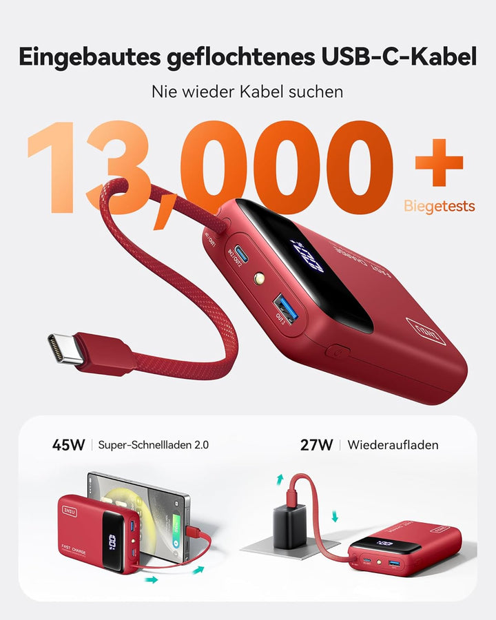 INIU 45W Power Bank, Ultra Klein 20000mAh Powerbank mit Integriertem USB C Kabel, Schnellladen Exter