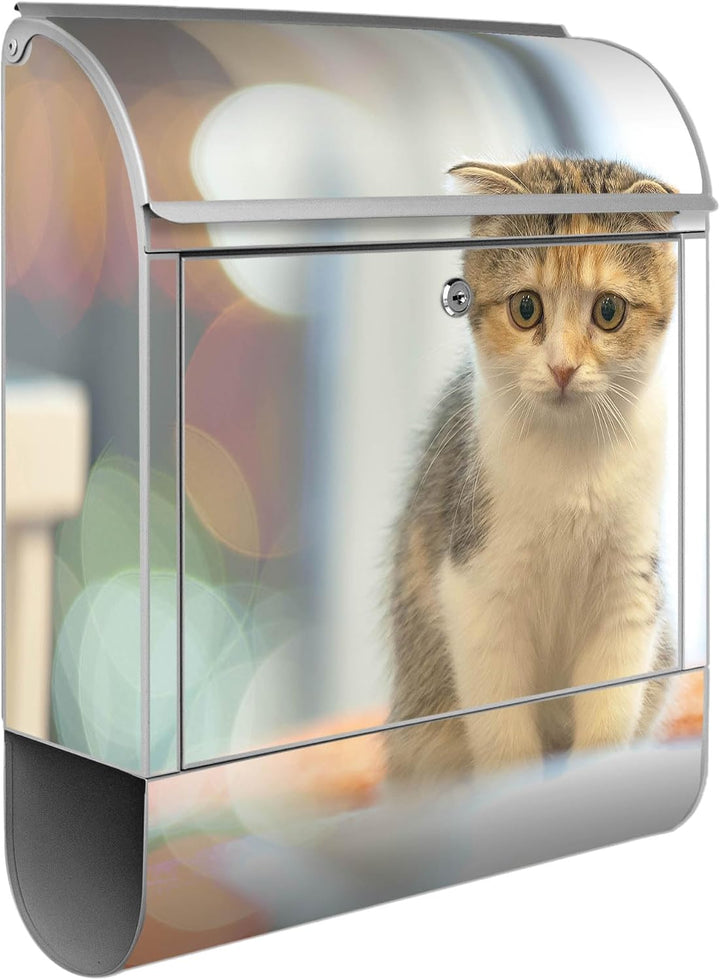 banjado® Design Briefkasten mit Motiv Kleine Katze 39x47x14cm &amp; 2 Schlüssel - Briefkasten Stahl Silb