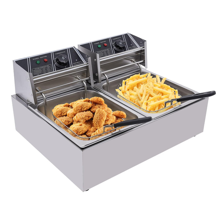 Friteuse Edelstahl Doppel Fritteuse Fritöse 2x6L Friteuse öl Elektro mit Zeitfunktion Temperatur Ein
