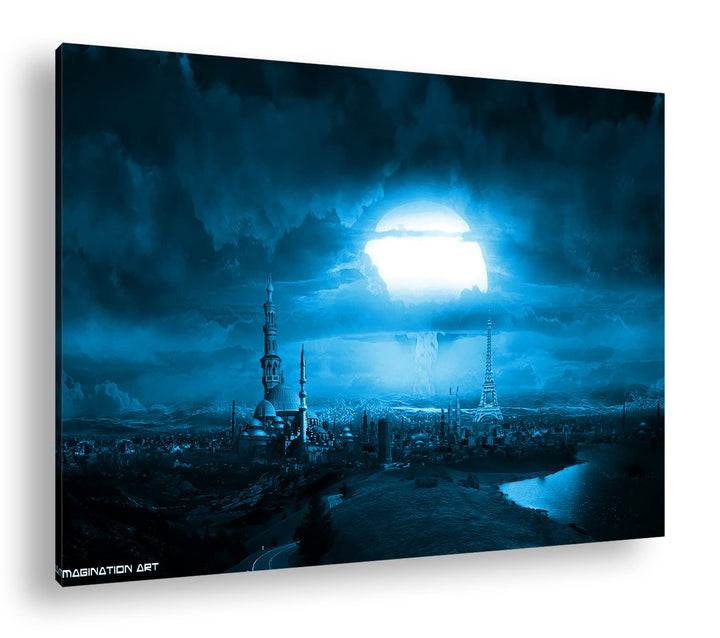 deyoli Atomexplosion hinterm Eiffelturm Format 80x60 Effekt: Monocrome Blau als Leinwandbild, Motiv