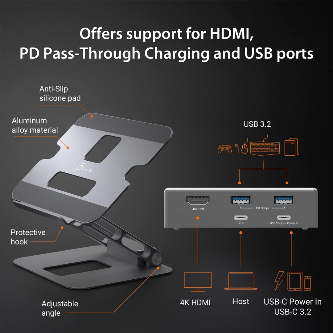 j5create Laptop-Ständer mit USB C 4K HDMI Display Hub - 2 USB A 5Gbps, PD 100W mit USB-C 5Gbps | Alu