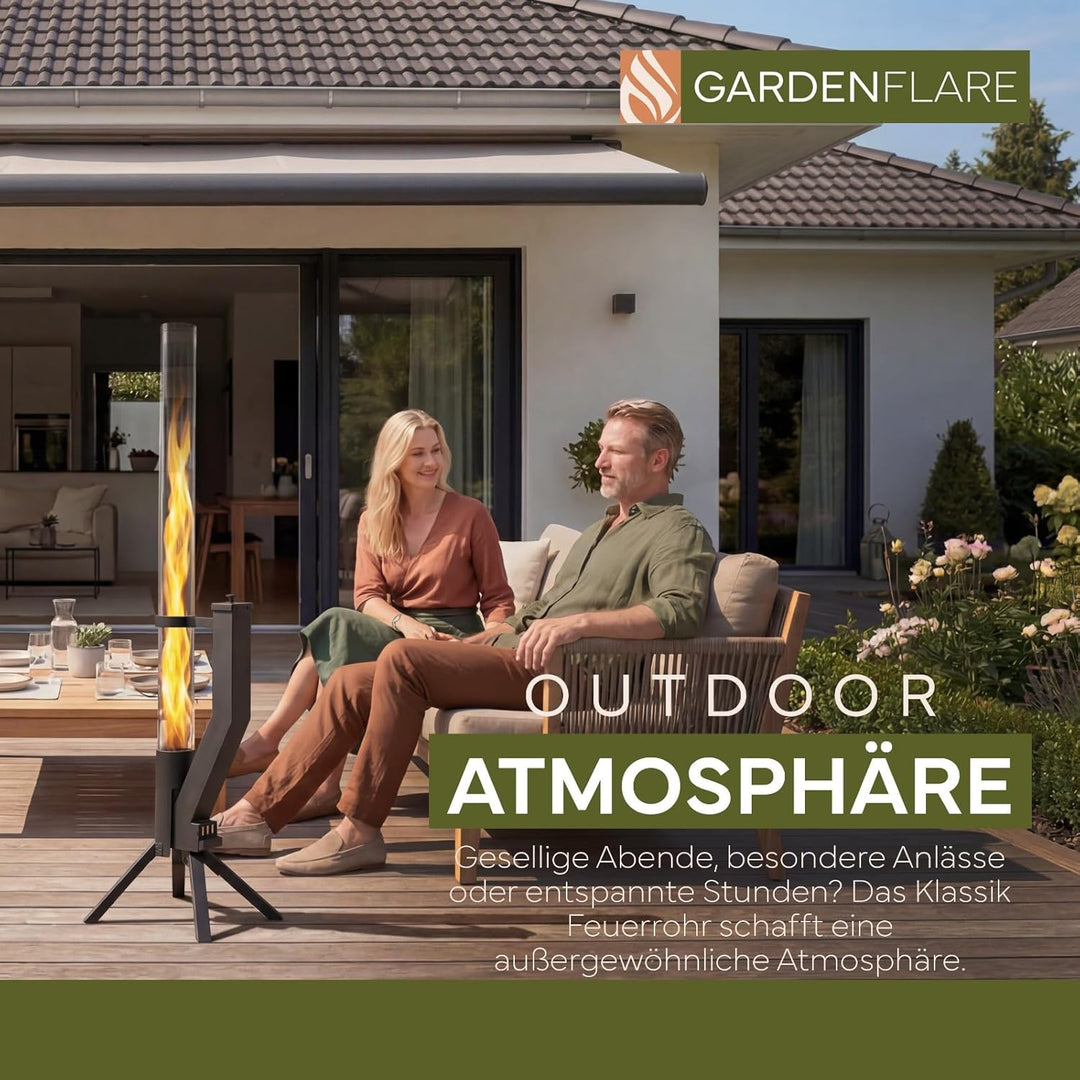Gardenflare GARDENFLARE Feuerrohr Klassik – Edelstahl Feuersäule und Pelletfackel für Tolles Ambient