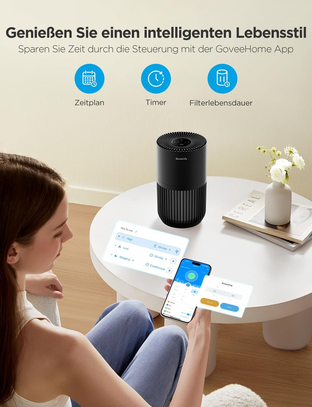 GoveeLife Mini-Luftreiniger fürs Schlafzimmer, intellig. HEPA-Filter mit Alexa-App-Steuerung gegen T