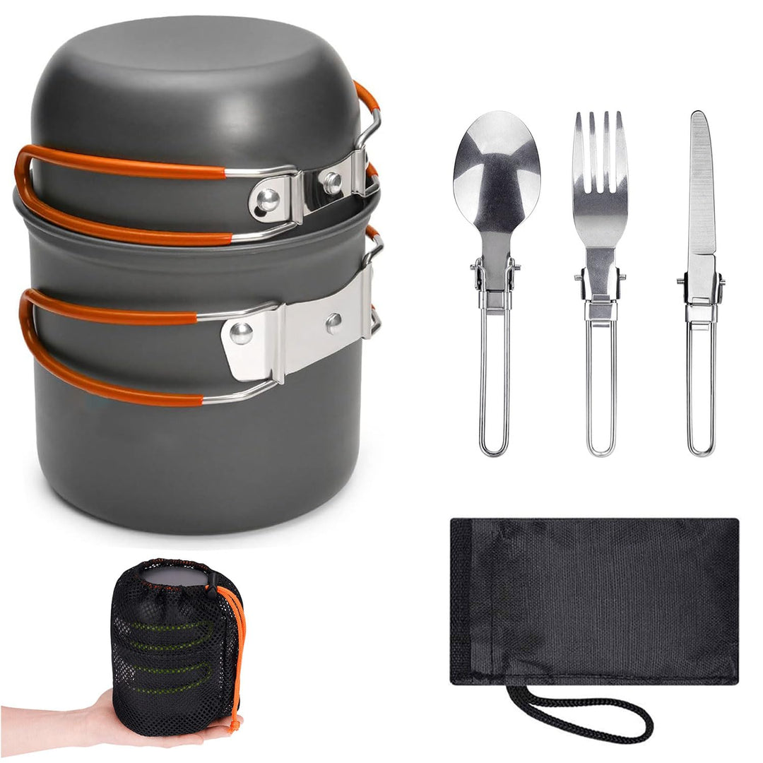 ERBO Camping Kochgeschirr Set, Camping Topf aus Aluminium, Outdoor Kochgeschirr mit Faltbare Besteck