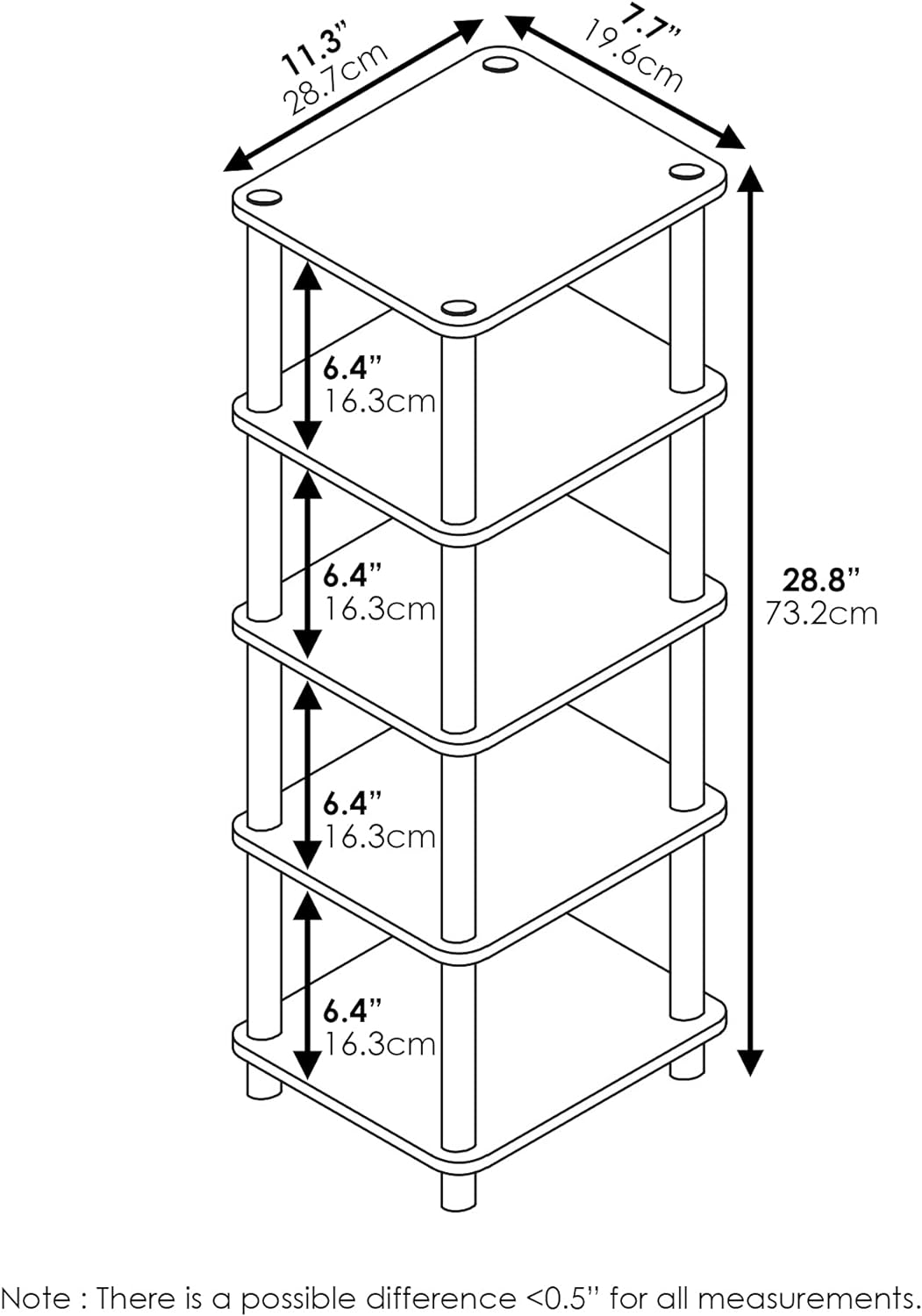 Furinno Regalsystem mit 4 Einschüben, holz, Eiche/Schwarz/Hellbraun, 19.56 x 28.7 x 73.15 cm Eiche /